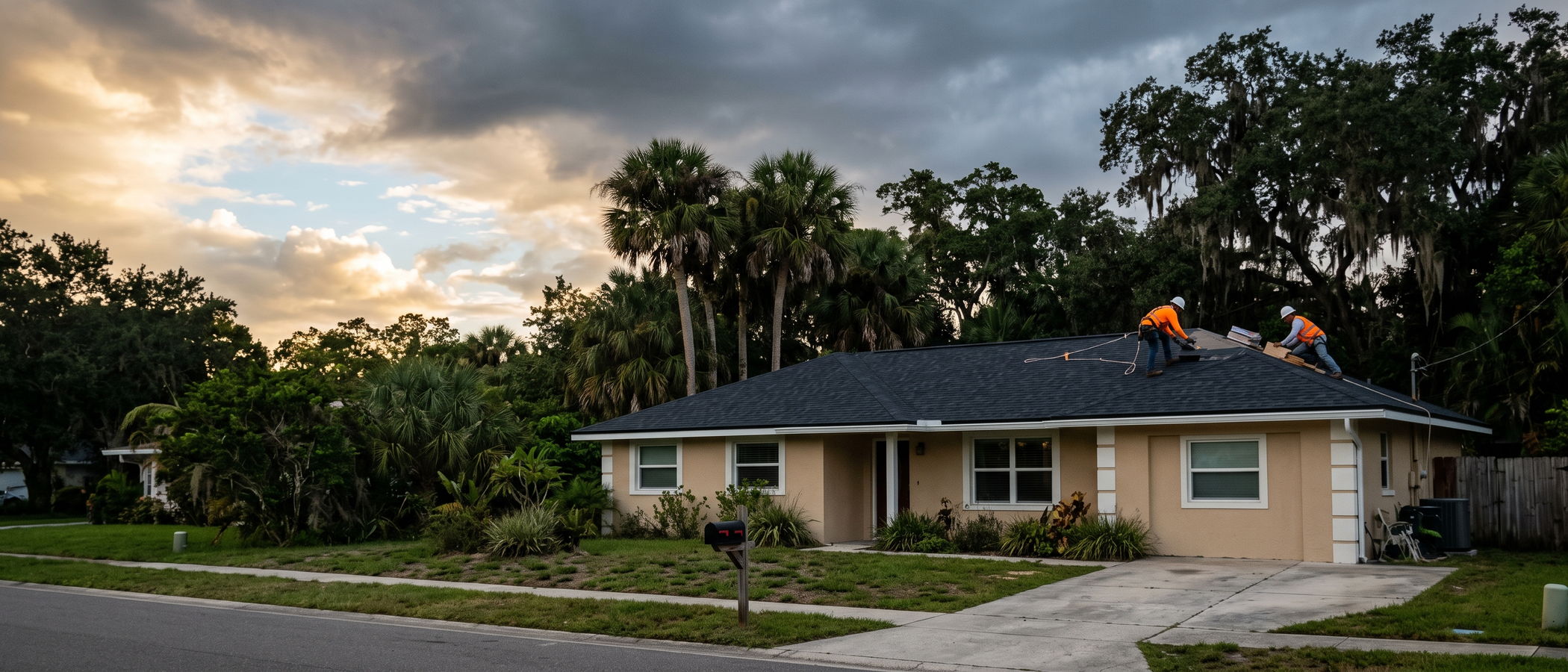 Roofers in safety vests finishing a shingle roof on a one-story Orlando home under a clearing storm sky